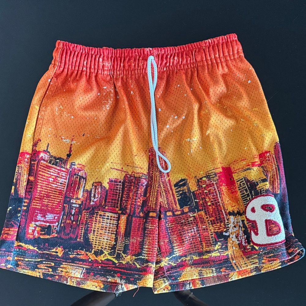Kids Orange Skyline Print Athletic Shorts with Drawstring